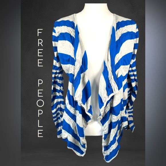Free People | Blue & Gray Striped Ruched Cardigan - Picture 4 of 11